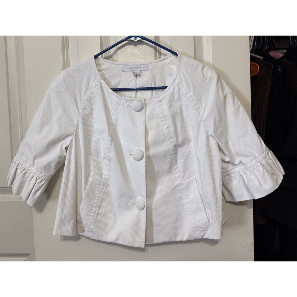 Express Design Studio White Cropped Jacket Ruffle Bell Sleeves Size S Y2K Era